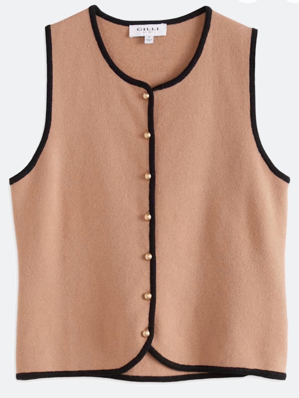 Gilli Camel Knit Sleeveless Vest with Black Trim